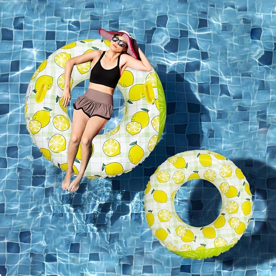 Lemon Pattern Inflatable Swimming Ring, Adult PVC Material Swimming Circle, High Quality Thickened PVC Anti-Leakage, With Handles, Swimming Pool Inflatable Buoy, High Buoyancy, Strong Load-Bearing, Summer Fruit Print Design, Foldable And Convenient To Store - Multicolor - View 1