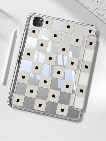 格子图案可爱卡通撞色几何格子图案亚克力透明水晶后盖，防震，适用于iPad 7、8、10代（10.2英寸），内置笔槽，支持睡眠/唤醒功能，是理想的礼物之选。