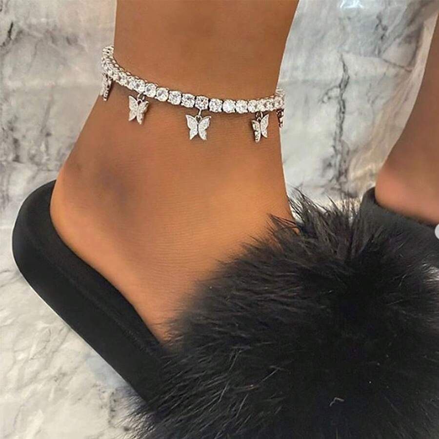 Fashionable Creative Rhinestone Butterfly Anklet, Minimalist Elegant Chain Tassel Foot Jewelry, Beach Accessories