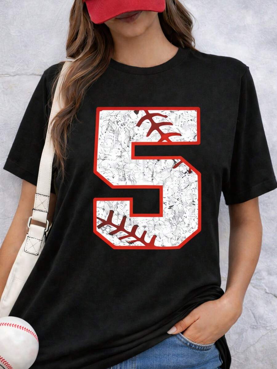 Women's 100% Cotton Vintage Baseball Number Graphic Tee Casual Sporty Street Style Soft T-Shirt - 黑色5 - 查看 1