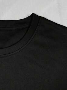 Camiseta de manga corta de cuello redondo con estampado de lazo, informal, para mujer, de verano - Negro - Ver 2