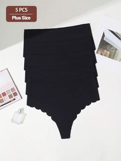 5pcs/Pack Plus Size Women Seamless Breathable Panties, Wavy Trim Design, Suitable For Daily Wear And Sports, All Season