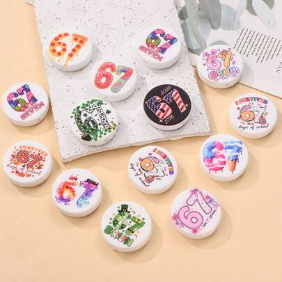 5pcs SIX SEVEN Printed Silicone Beads, Random Styles In Pink/Green/Black Flat Round Beads With Holes, DIY Bracelets, Necklaces, Bag Charms And Other Craft Projects