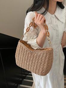 New Summer Niche Design Straw Underarm Beach Bag, Chain Minimalist Fashion Handwoven Shoulder Bag - Khaki - View 8