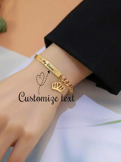 1 pieza Brazalete con placa con nombre personalizada de acero inoxidable con diseño de corona, color dorado, adecuado para boda, aniversario, cumpleaños, uso diario, baile de graduación, Día de la Madre, San Valentín, graduación, boda