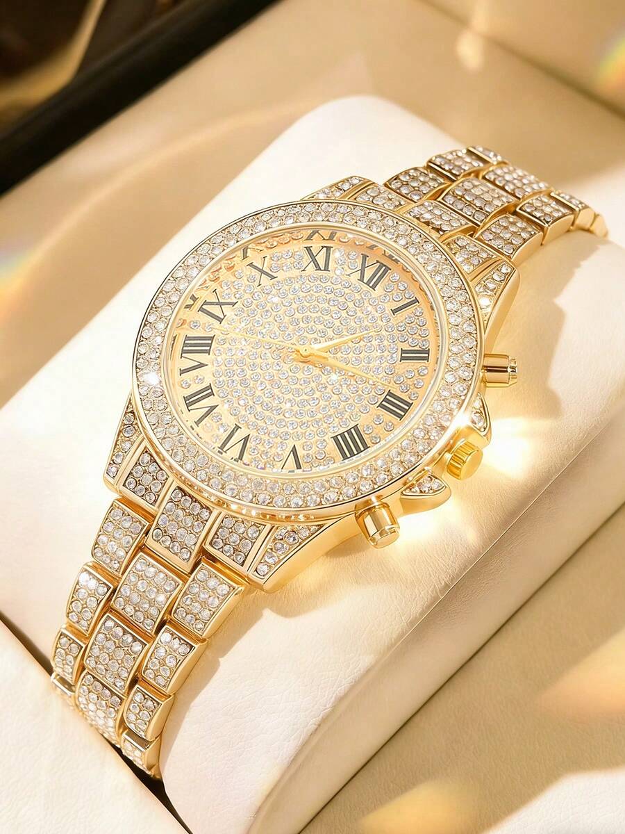 1pc Luxury Fully Iced-Out Men's Roman Numeral Diamond Stainless Steel Band Wrist Watch, Hip Hop Style, Suitable For Holidays And Parties - one-size - View 1