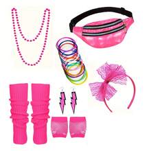 18件套80、90年代复古女装配饰套装，包括蕾丝发箍、耳环、项链、手链、手套和腿套，适合80年代复古派对、化装舞会、复古派对等场合。 - 查看 3