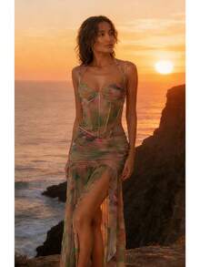 Tropical Print Spaghetti Strap Dress High Waisted Side Slit Flowy Boho Beach Party Outfit - 綠色 - 查看 1
