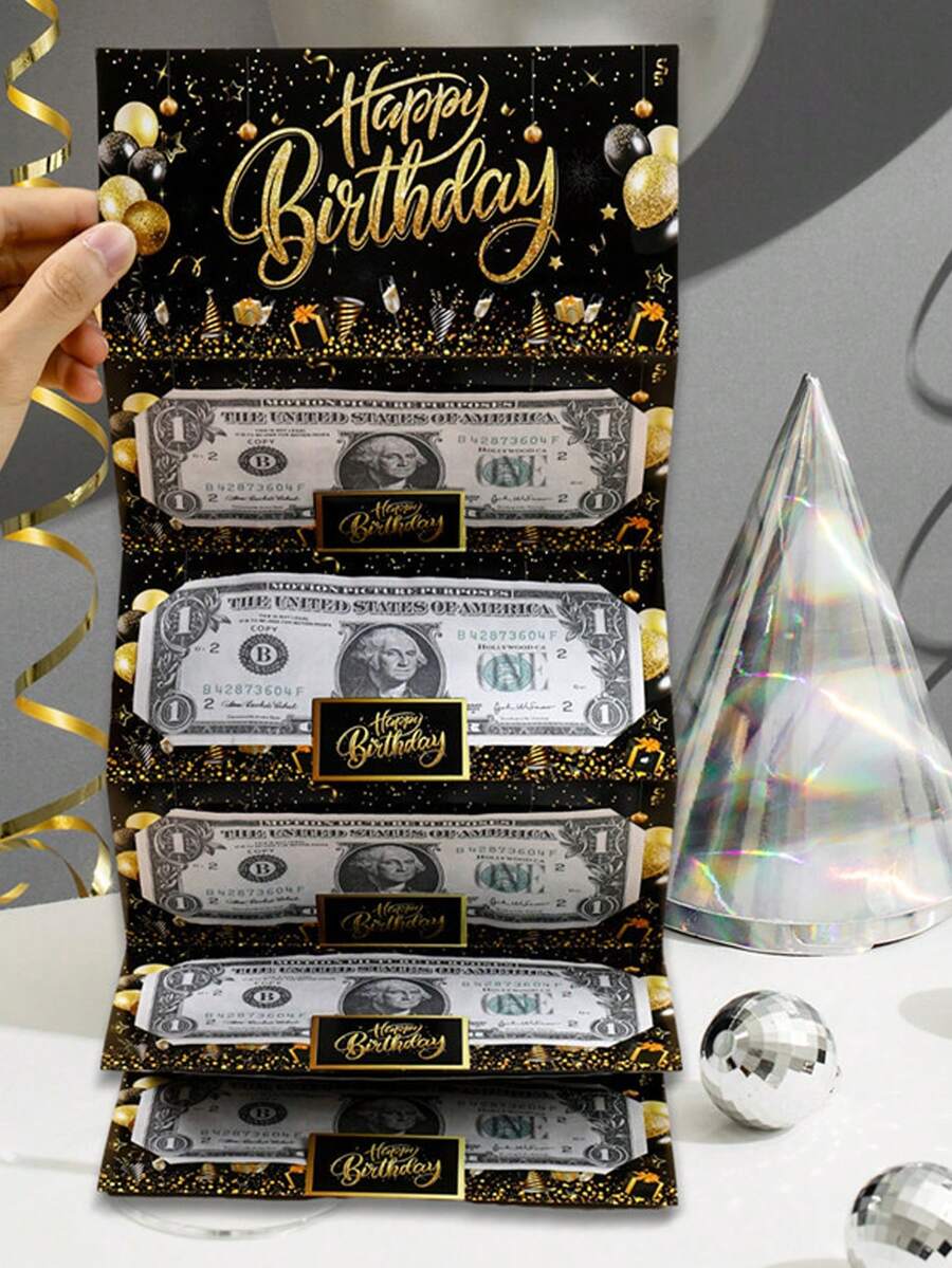 1pc Pink & Gold Cake Fold Money Card, Birthday Greeting Card, Birthday Party Surprise Gift Fold Money Card Gift Card - Birthday Cards - View 1