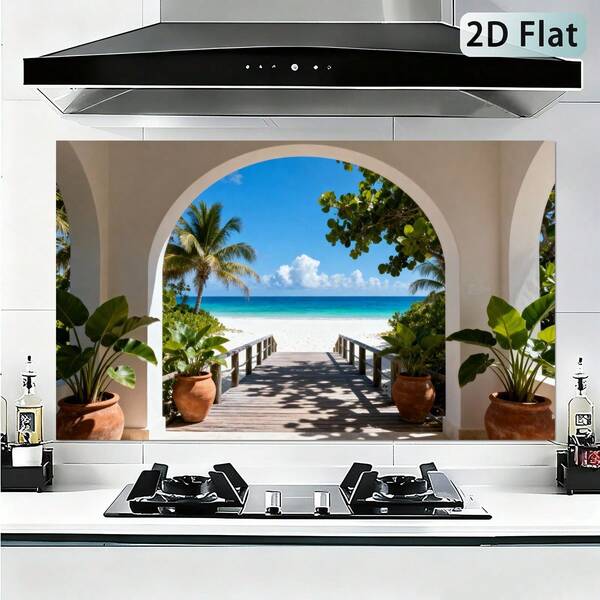 1pc 2D Self-Adhesive Kitchen Backsplash Sticker, Island Arch Seascape Theme, Easy To Install & Clean, Oil-Resistant, Suitable For Restaurant, Living Room And Kitchen Wall Decor