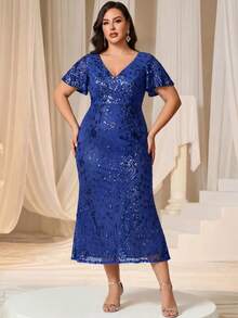 EVERPRETTY 大码女士优雅V领蓝色亮片短袖礼服，适合婚礼、晚宴及其他正式场合；美人鱼款长裙，适合派对、婚礼、宴会、度假派对、春季等场合。 - 寶藍色 - 查看 7