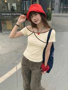 Áo thun tay ngắn 2 trong 1 thiết kế tối giản mùa hè - Màu be - Xem 1