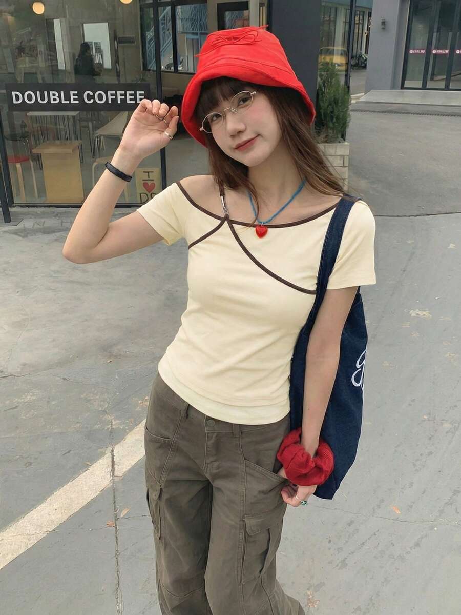 Áo thun tay ngắn 2 trong 1 thiết kế tối giản mùa hè - Màu be - Xem 1