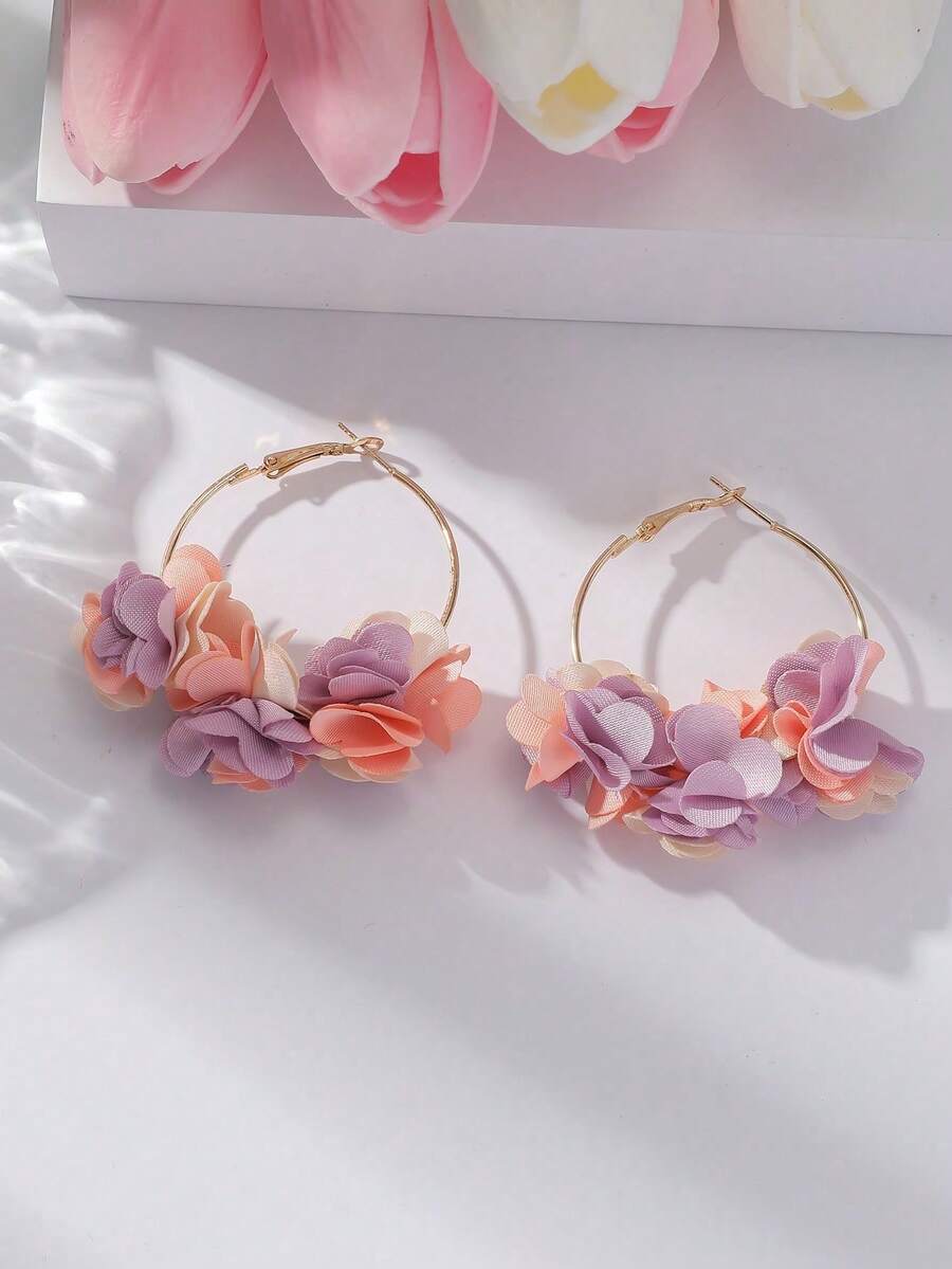 一对优雅波西米亚风花卉流苏耳环，适合作为女士派对和节日礼物，圆形创意花卉耳环，适合派对、舞会、海滩度假，时尚珠宝配饰（实际颜色可能因拍摄角度而异） - 紫色粉末 - 查看 1