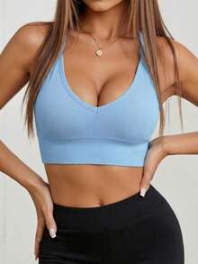 Bra Tanpa Kawat Seksi Rajut Bergaris Tanpa Jahitan untuk Wanita, Bra Olahraga Tanpa Punggung dengan Tali Silang - Baby Blue - View 5