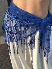 1pc Women's Street Dance Waist Chain & Scarf, Jazz/Belly Dance Performance Waistband, Sequin Tassel Waist Wrap Skirt Belt, Waist Decor Summer School Fall, Autumn, Halloween - 藍湖 - 查看 6