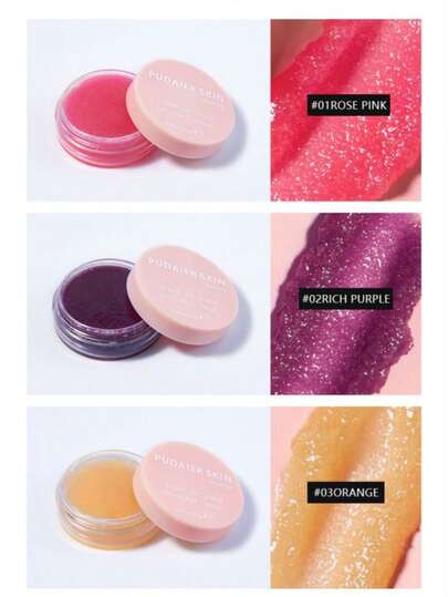 三种颜色可选的糖唇部磨砂膏，去除死皮细胞，改善粗糙，高度保湿，适合所有唇部肌肤类型。