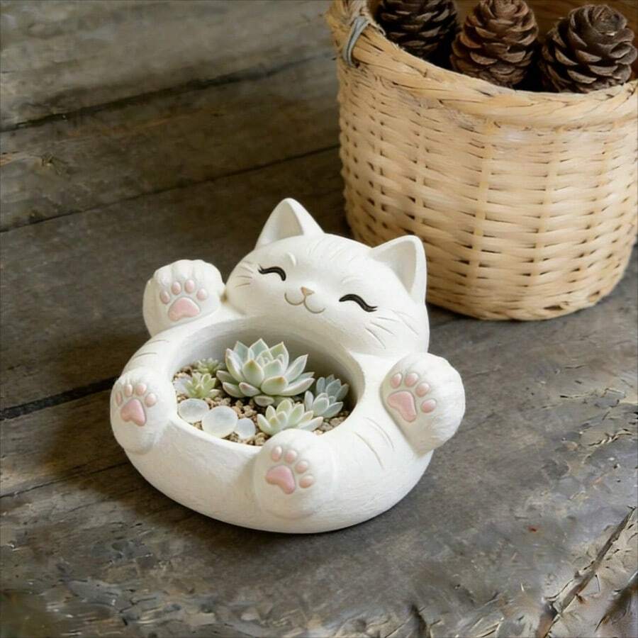 1 pieza Molde de silicona de resina con diseño de gato acostado, gato reclinado con diseño de recipiente de barriga hueca, molde flexible de fácil desmoldeo para macetas de suculentas, decoración del hogar, molde de vaciado de resina epoxi, cemento y yeso para manualidades - Molde de silicona para gatos - Ver 1