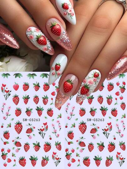 2 Sheets Strawberry Spring Summer Nail Art Stickers Flower Cherry Leaf Designs Self-Adhesive Summer Floral Fruit Nail Decals Manicure Decorations For Women