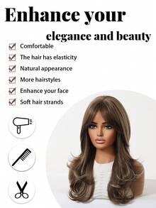 Parrucca lunga e riccia con riflessi marroni, 20 pollici di lunghezza, elegante, alla moda, traspirante, resistente al calore, capelli sintetici finti, facile da mantenere, adatta per donne per festival, viaggi, feste, giochi di ruolo e uso quotidiano. - Evidenzia Marrone - Visualizzare 8