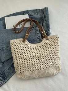 大容量休闲棉质单肩手提包，新款镂空网眼图案女士沙滩包 - 米色 - 查看 6