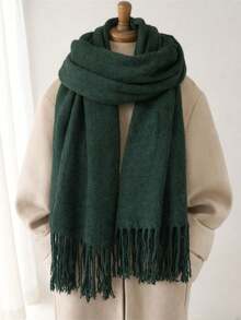 Unisex Black Scarf With Fringe 175*60cm Elegant Comfortable English Style For Winter - 墨綠色 - 查看 1