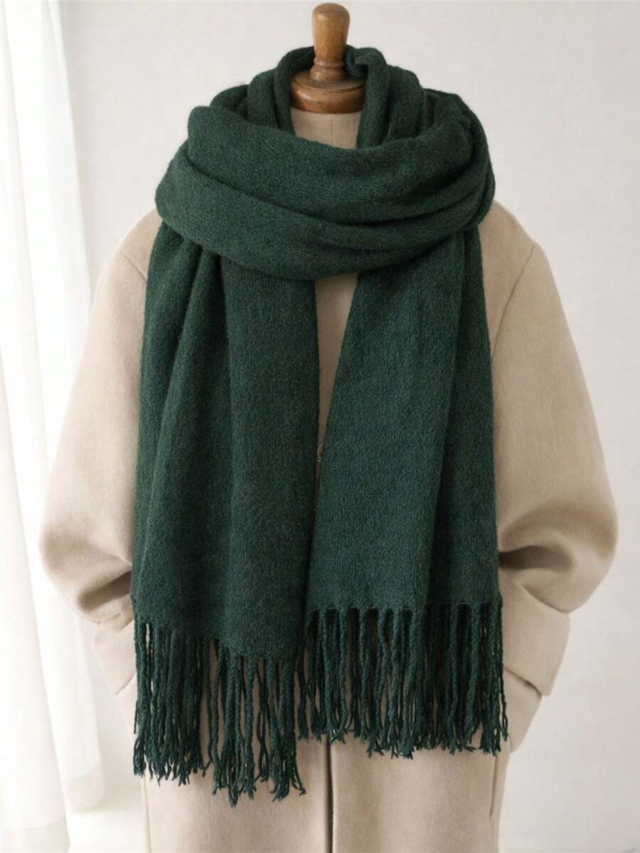 Unisex Black Scarf With Fringe 175*60cm Elegant Comfortable English Style For Winter - 墨綠色 - 查看 1