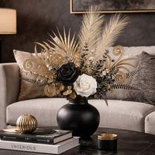 A Luxurious Artificial Flower Bouquet, Featuring Black And White Roses As The Main Elements, Complemented By Golden Spiral Leaf Accents And Cattail Grass. This Faux Flower Arrangement Adds A Gothic Charm To Your Living Room Table Or Bedroom Vanity. - Gold - View 5