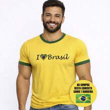 Camiseta do Brasil Masculina I Love Brasil - Bandeira Do Brasil De Brinde - Copa Do Mundo 100% Algodão Verde E Amarela Camisa Brasil Torcedor Futebol Estampa Patriota - Amarelo - Visão 1