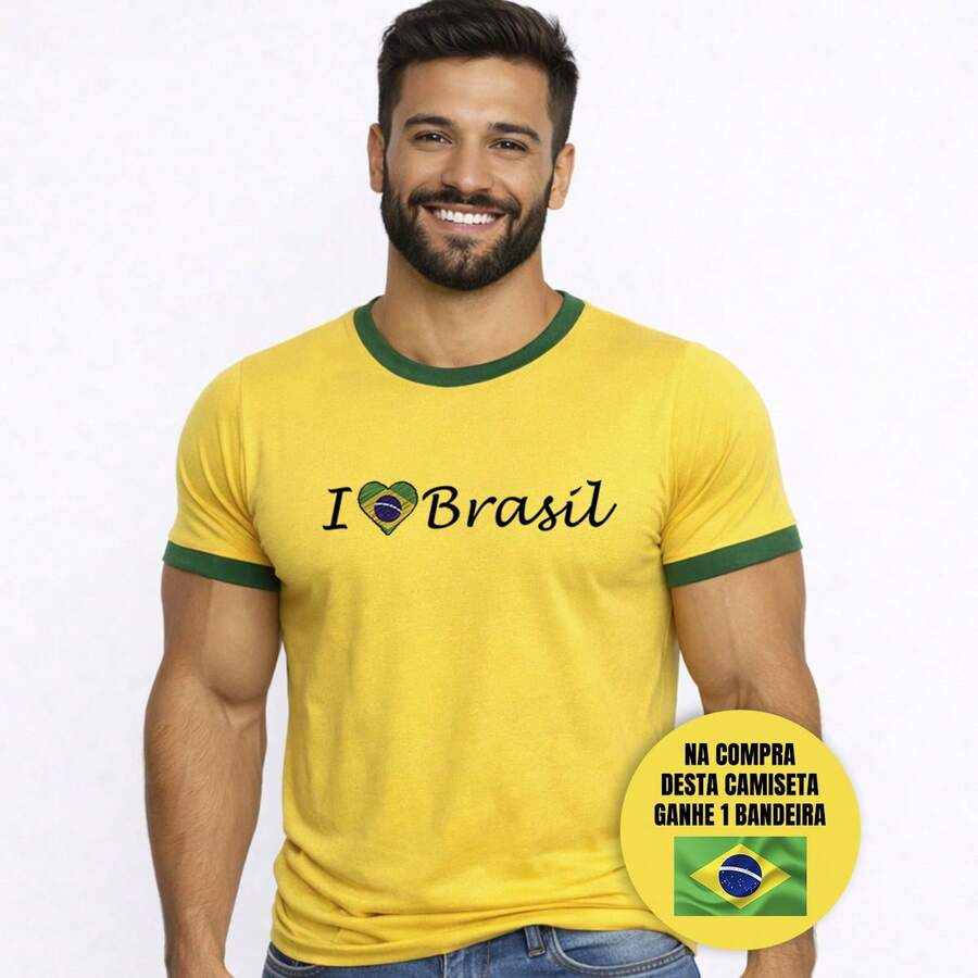 Camiseta do Brasil Masculina I Love Brasil - Bandeira Do Brasil De Brinde - Copa Do Mundo 100% Algodão Verde E Amarela Camisa Brasil Torcedor Futebol Estampa Patriota - Amarelo - Visão 1