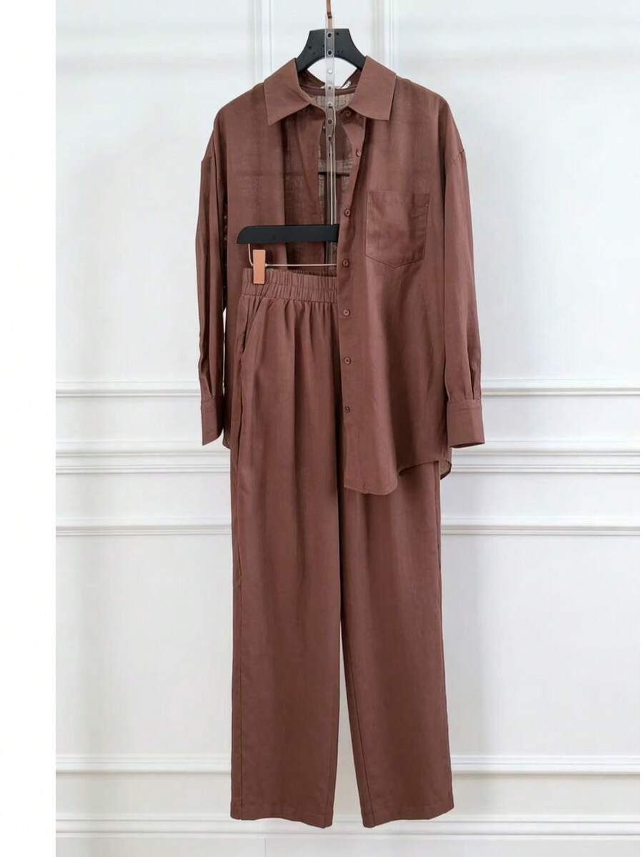 Linen Shirt And Pants Set (2 Pieces), Lined With Elastic. - Rust Brown - View 1