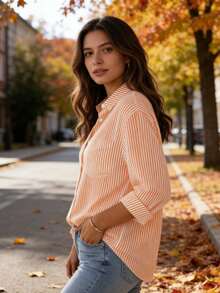 Women's Striped Long-Sleeved Shirt - Naranja - Ver 4