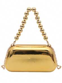 前卫亮金色女士手拿包，硬盒形晚宴包，钱包，串珠手柄，金属链条肩带，女士礼物，适合派对、节日和宴会 - 金色 - 查看 14