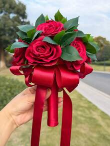 一套伴娘捧花 - 绿叶玫瑰蝴蝶结 - 婚礼抛捧花 - 浪漫伴娘拍照手捧花 - 户外婚礼新娘捧花，玫瑰花束可用作求婚和告白道具 - 适合豪华成人仪式和婚礼舞会 - 紅色 - 查看 1