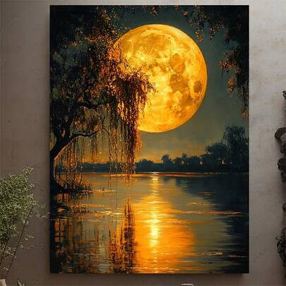 2D 无框帆布墙画，“月光下的湖边柳树”——一幅以金色月光和材质为主题的风景画，带有倒影，适合客厅、卧室和办公室装饰——自然景观，宁静的点缀，2D 平面设计。