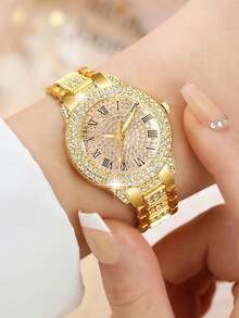 女士腕表，优雅时尚，圆形表盘镶嵌水钻，石英表套装，包含项链、手链、耳环和戒指，是日常佩戴、生日礼物、返校季、感恩节、情侣场合的理想之选。（不含表盒） - 金色 - 查看 6