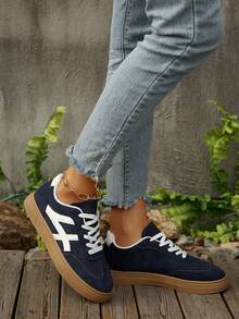 女士厚底舒适柔软透气系带休闲运动鞋，户外跑步室内健身运动鞋，滑板鞋 - 藍色 - 查看 3