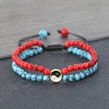 1件阴阳太极串珠编织手链，可调节双排天然石手镯，男女情侣幸运护身符饰品礼品 - 彩色 - 查看 1
