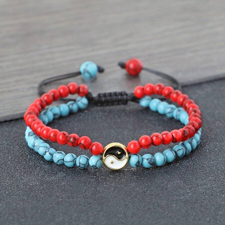 1件阴阳太极串珠编织手链，可调节双排天然石手镯，男女情侣幸运护身符饰品礼品 - 彩色 - 查看 1