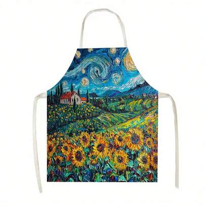 1pc(Van Gogh's Starry Night - Style Painting Pattern) Kitchen Apron, Suitable For Kitchen, Living Room, Dining Room, Hotel, Outdoor Barbecue And Other Scenarios, Made Of 100% Polyester, Machine - Washable, Large - Sized