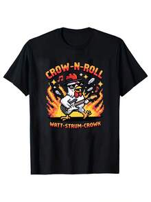 Camiseta Vibrante-Trendy Humorística: Gallo "CROW-N-ROLL" pixelado Trendy, Estética Moderna de Streetwear Rock – Estilo Juvenil Casual - Negro - Ver 2
