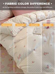 柔软透气花卉床品套装，3件套 - 米粉色条纹花卉设计，精选合成面料，易于打理且不易褪色，触感柔软，四季皆宜，网红同款，（1件被套+2件枕套，不含被芯和枕芯，枕套图案随机裁剪），单人/双人/小号/大号/特大号 - 粉色 - 查看 7