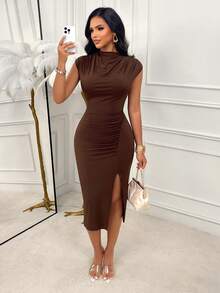 AIJ Đầm ôm sát không tay dệt kim gợi cảm Amarilo dành cho nữ, xẻ tà, dáng midi thanh lịch, thích hợp cho tiệc tùng và thường ngày. - màu nâu - Xem 1