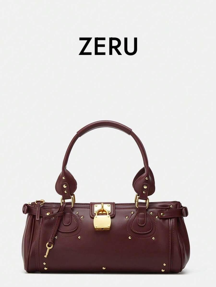 经典复古风格，小众复古时尚，百搭独特的复古外观锁扣手提包、托特包、单肩包、腋下包，街头时尚必备单品。 - 酒紅色 - 查看 1