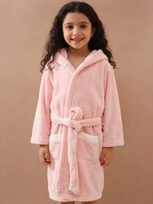 Tween Girls' Soft, Absorbent & Cute 3D Rabbit Design Bathrobe, Suitable For Spring, Autumn & Winter - Pink - View 3