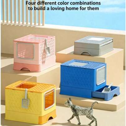 Caja de arena para gatos plegable de primera calidad con bandeja extraíble - entrada superior y puerta frontal, control de dispersión y olores, 4 opciones de color, incluye pala y desodorante, ideal para hogares con varios gatos