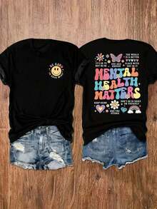 Camiseta Casual de Manga Corta Howell, Estampada con Frases, Adecuada para el Verano, Top de Verano para Mujer, "Está bien, no estás solo/a", "Eres lo suficientemente bueno/a", "Contigo, el mundo es mejor", "La salud mental importa", "Sigue adelante", "No seas tan tú mismo/a", "Elimina la discriminación" Negra - Negro - Ver 1