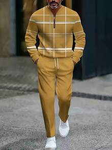 Men's Lightweight Plaid Tracksuit, Contrast White & Yellow Grid, 2-Piece Set - Yellow - View 3