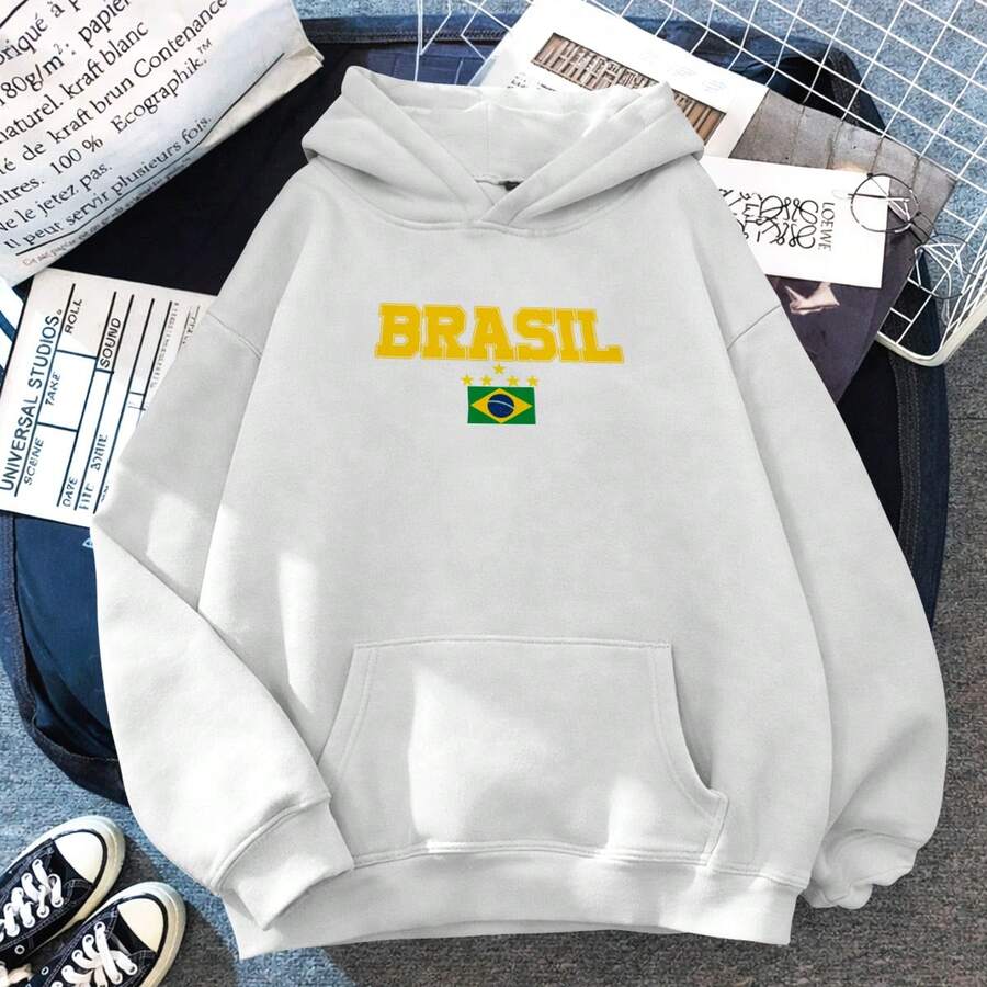 Women's Kangaroo Style Fleece Sweatshirt With Brazil Champion Print, Comfortable Cotton With Pocket, Warm, World Cup Style - 白色 - 查看 1
