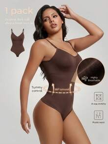 一件式无缝提臀塑形连体衣，舒适弹力肩带，收腹提臀，丁字裤，女士无缝塑身衣，提臀提腹连体衣 - 咖啡棕 - 查看 4